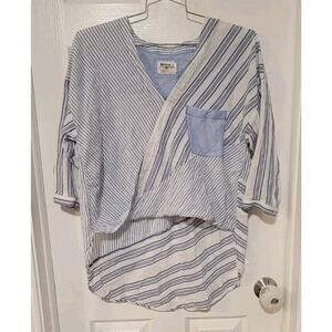 Anthropologie Holding Horses White & Blue Striped Hi-Lo Surplice Top Size S